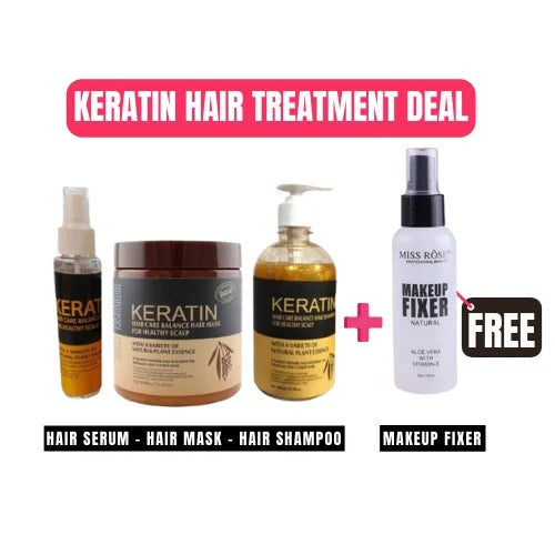 (New🌙Ramadan🎉 Deal) 4 In 1 – Keratin Hair Mask| Keratin Shampoo| Keratin Hair Serum Free Makeup Fixer